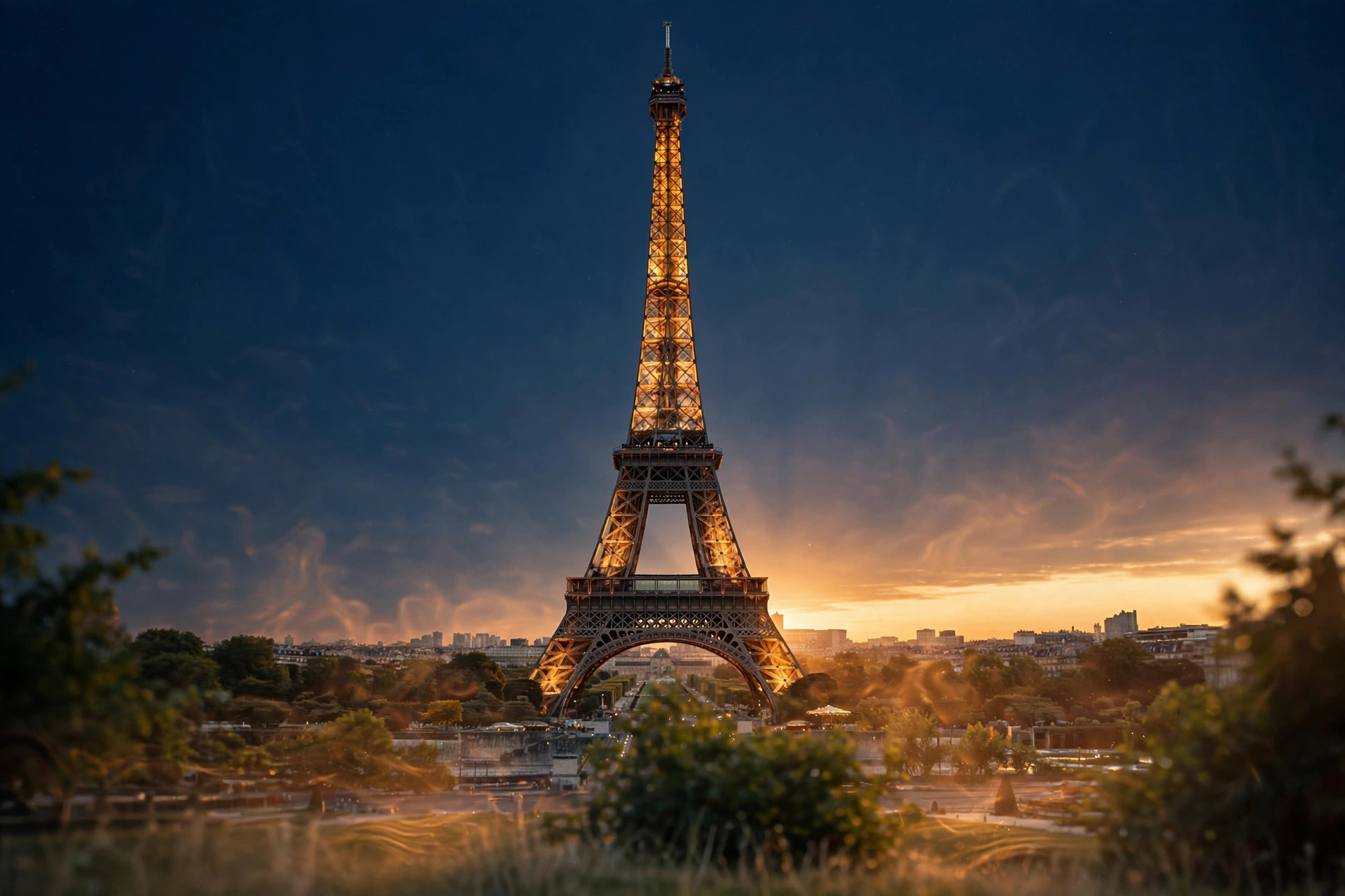 The Eiffel Tower glowing in warm summer sunset light